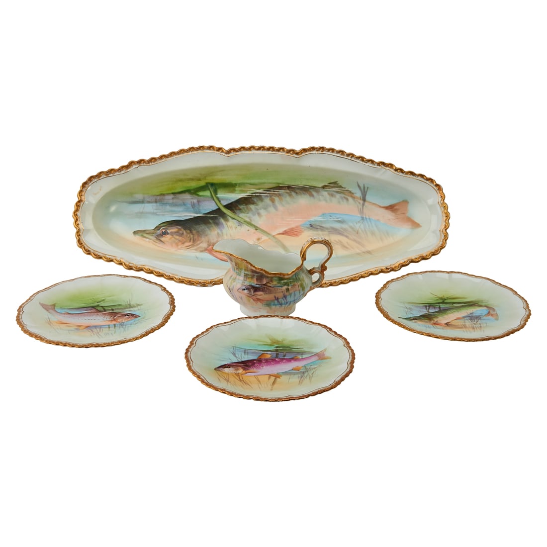 French Limoges Porcelain Fish Service: French Limoges Porcelain Fish Service, by Jean Pouyat, hand painted in polychrome enamels and gilding with fish within scalloped rims.; Comprising eight luncheon plates,;scalloped oval tray, and