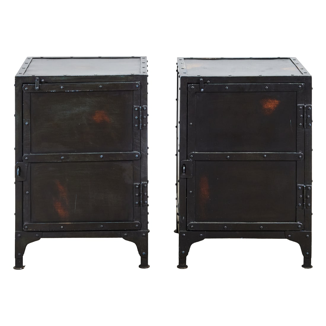 Pair of Restoration Hardware Industrial Style Metal End Tables: Pair of Restoration Hardware Industrial Style Metal End Tables, designed to look like Victorian Era heavy metal tool cabinets, with decorative bosses. The style sold as;the "Butler Owen Industrial