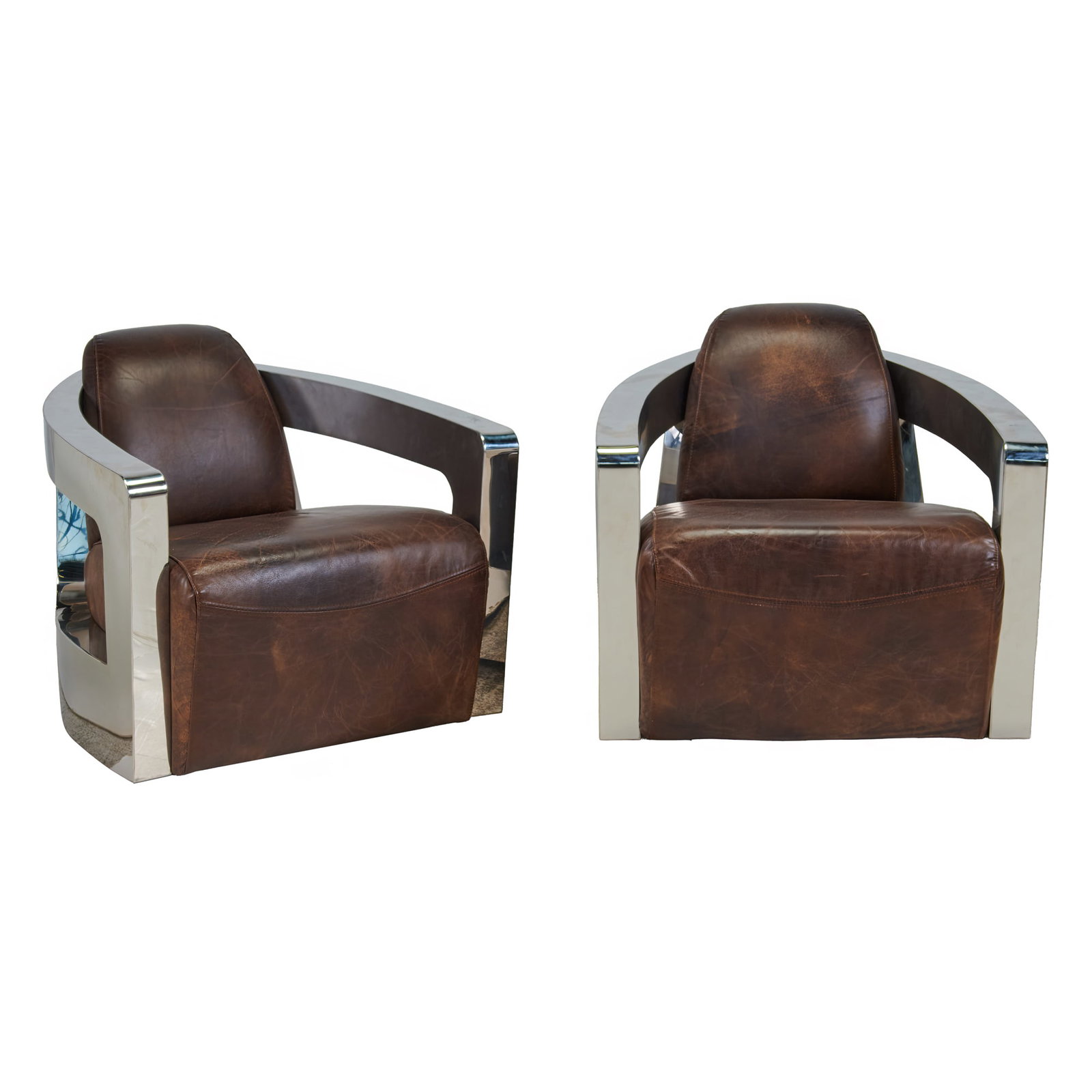 Pair of Restoration Hardware Attributed Chrome and Leather Aviator Chairs: Pair of Restoration Hardware Attributed Chrome and Leather Aviator Chairs, the Art Deco style, chromed metal, rounded backs with faux aged brown leather seats and backs.;{Approximate dimensions:; 28