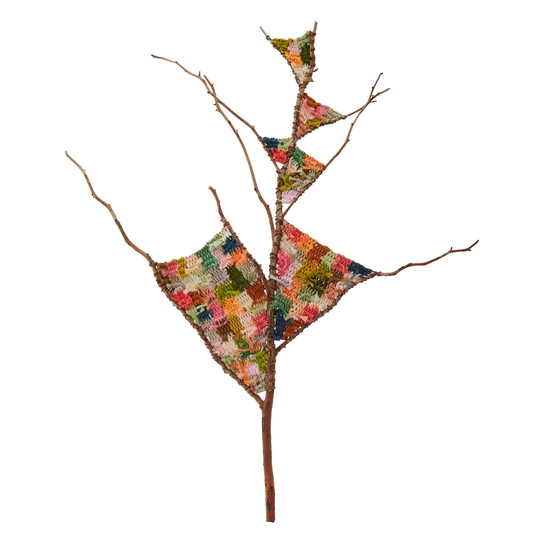 Kaci Smith, "Branch Weaving" Embroidery on Found Branch: Kaci Smith, "Branch Weaving" Embroidery on Found Branch, woven in multi-colored flax threads. The branch from a rose tree in the artists garden. Circa 2024.Kaci Smith (Active East Coast and Bay