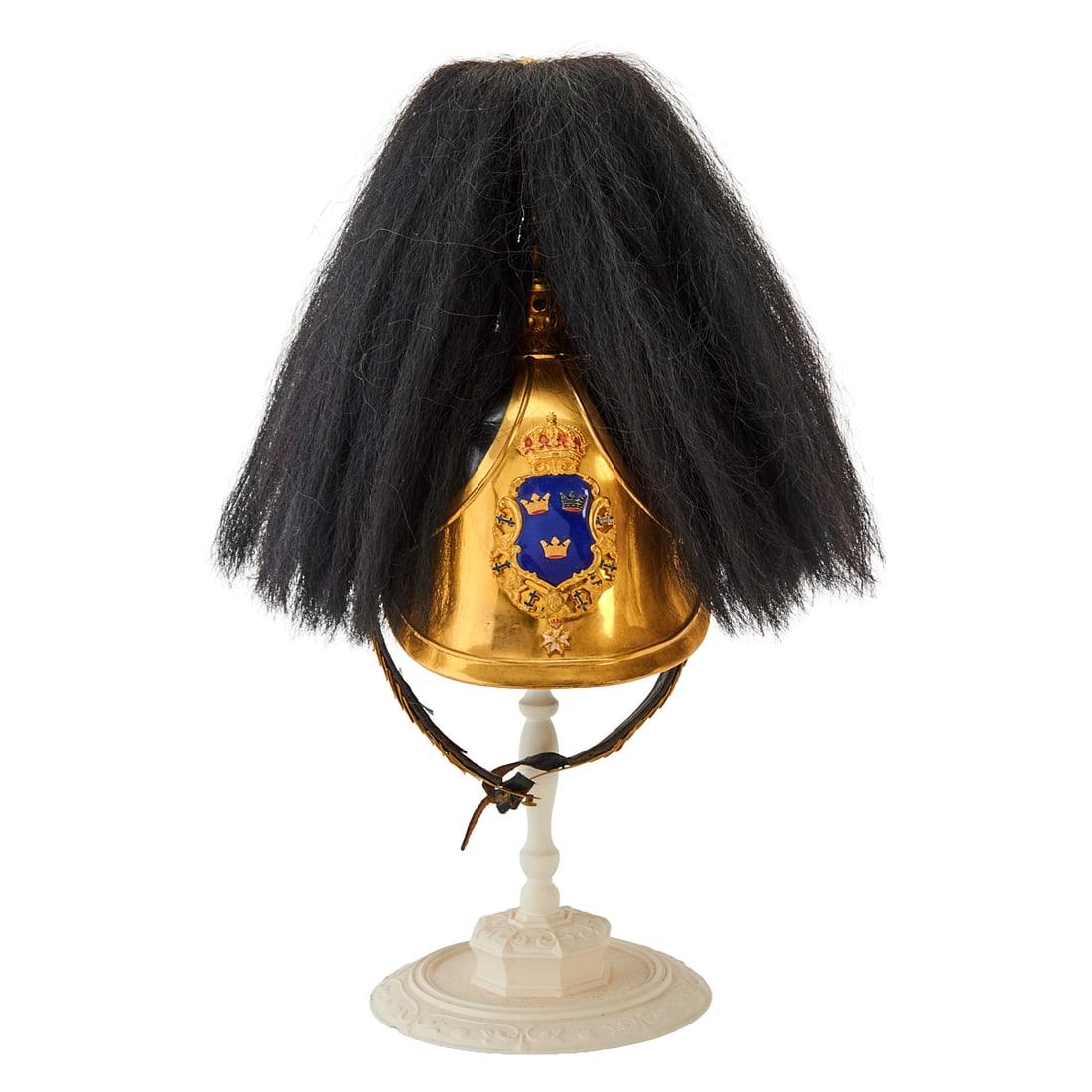 Swedish Officers Dragoon Helmet, Swedish Royal Guard: Swedish Officers Dragoon Helmet, Swedish Royal Guard, the gilt and polished black leather shell with front and rear peaks, a black yak hair plume to crest, with yellow silk cockade on the right boss,