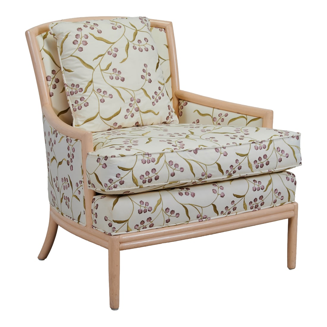 MacGuire San Francisco Floral Upholstered Lounge Chair: MacGuire San Francisco Floral Upholstered Lounge Chair, the bleached frame with faux bamboo treatment, and with sprawling berries on stems upholstery to seat, cushion, back, and rear of