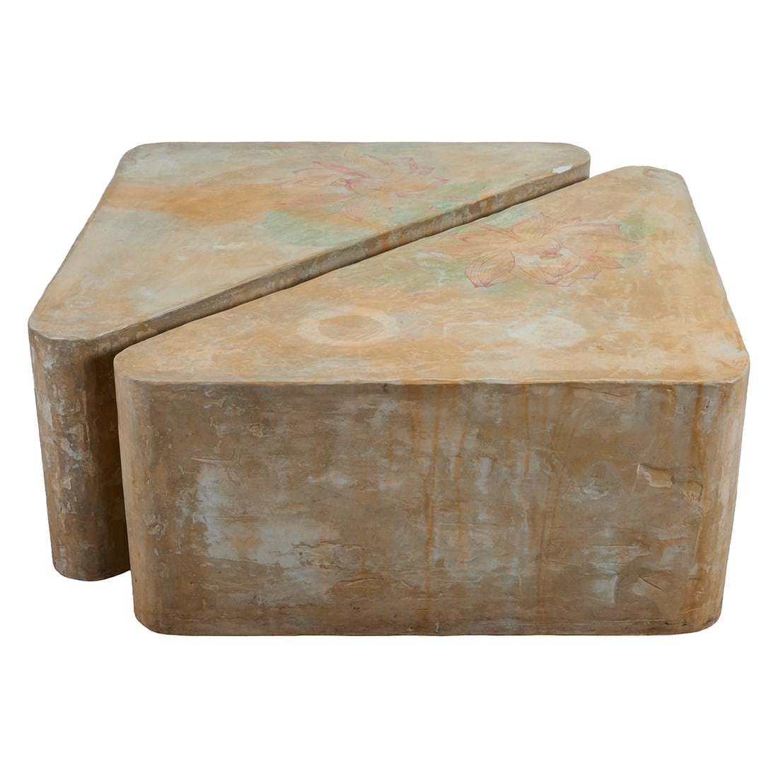 Pair of Triangular Cast Concrete and Painted Plaster Low Tables: Pair of Triangular Cast Concrete and Painted Plaster Low Tables, modernist design of wedge shapes on low, round steel furniture guards, the tops painted with two large interlocking poppies, with