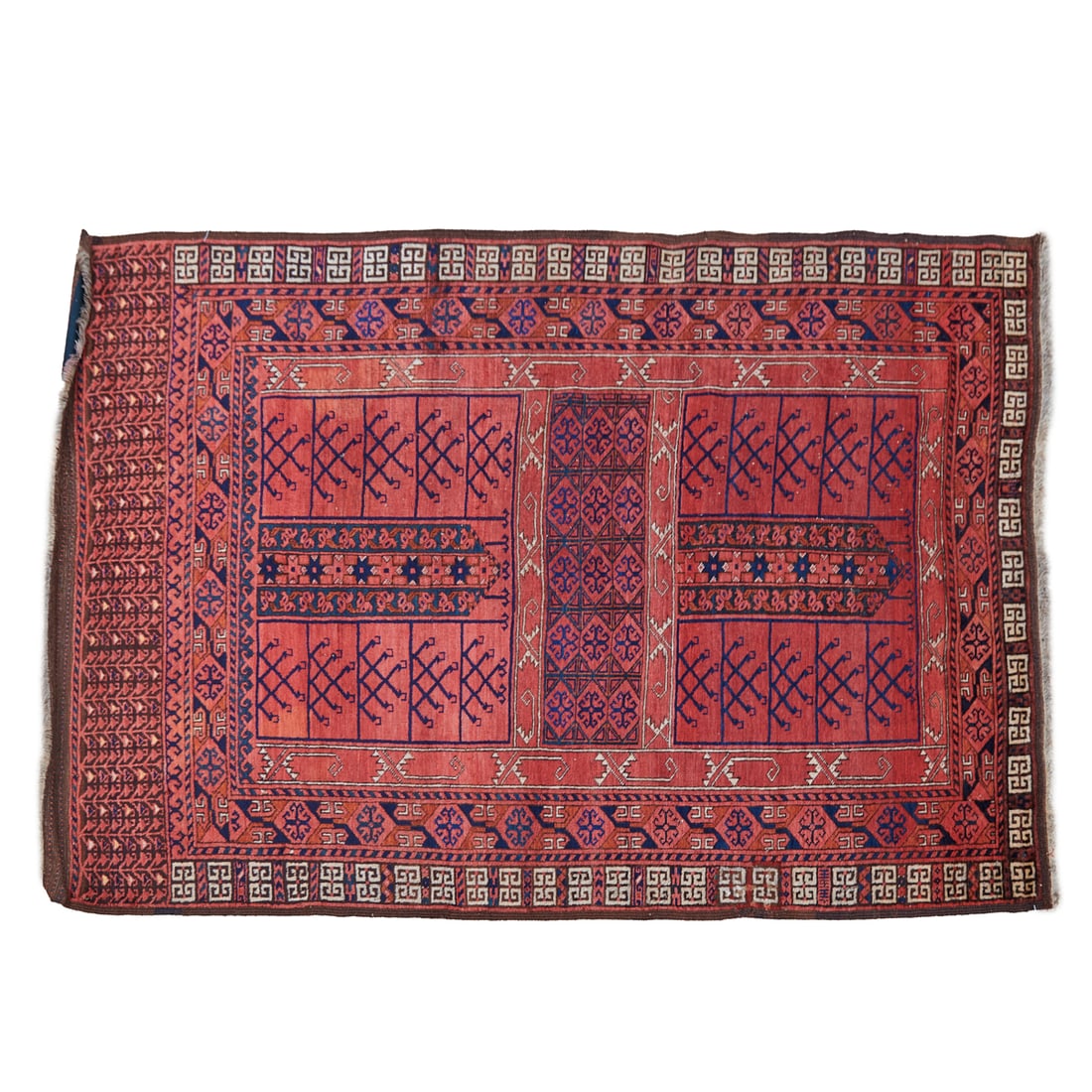 Turkmen Ersari Rug: Turkmen Ersari Rug woven in wool, in shades of red, blue and brown, in stylized geometric patterns. Possibly a saddle blanket, or jol.;{Approximate dimensions:; 4 ft. 6 ins. x 6 ft. 6 ins.}.;