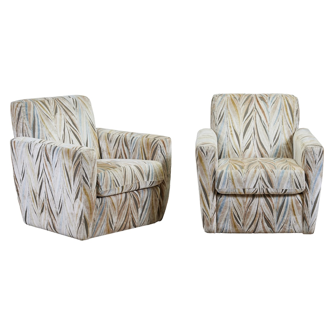 Pair of Jonathan Lewis Club Chairs: Pair of Jonathan Lewis Club Chairs, upholstered in textured velvet with abstract chevrons, in cool to neutral color palette.;{Approximate dimensions:; 32 1/2" high x 30" wide x 35" deep.}.