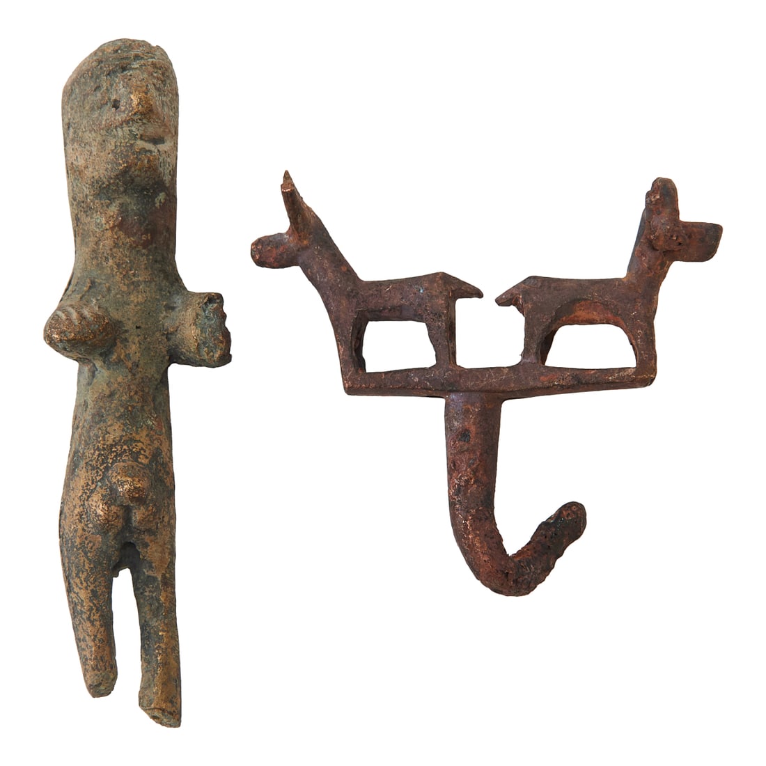 Two Ancient Bronze Figures: Fertility and Bactrian: Two Ancient Bronze Figures, including Fertility figure in frontal pose, and Bactrian bronze with two stags on base facing opposite directions and hook to underside, possibly for