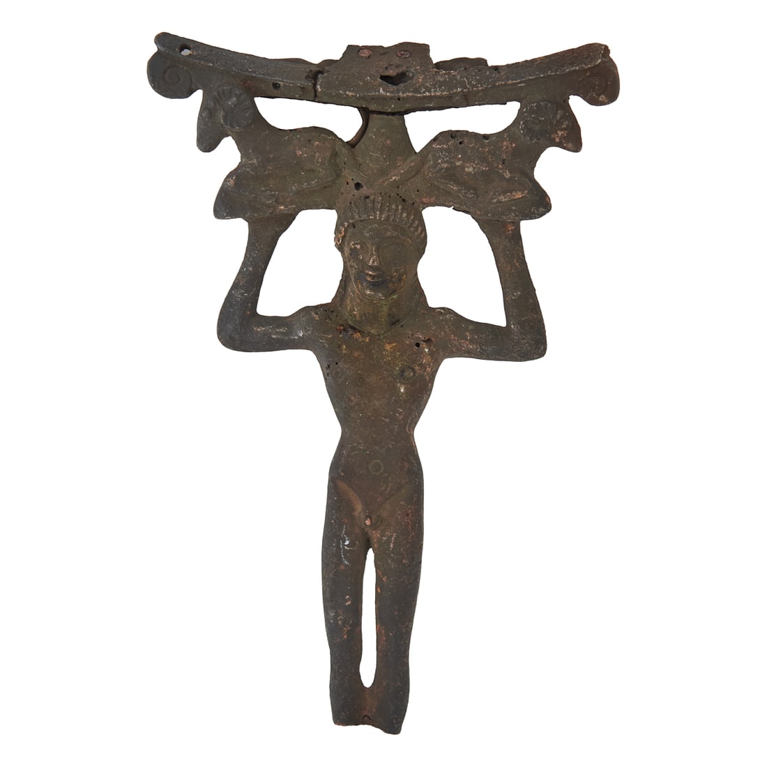 Ancient Greek/Etruscan Patera Handle: Ancient Greek/Etruscan Patera Handle.{Approximate dimensions:; 6 3/4" high x 4 3/8" wide x 7/8" deep.}.