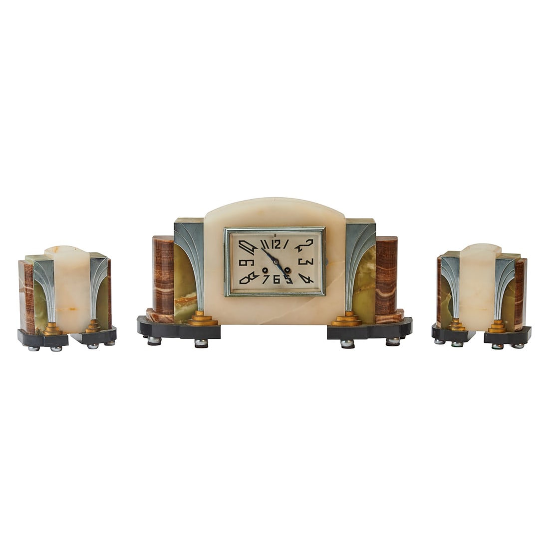 Art Deco Style Marble Garniture Mantel Clock: Art Deco Style Marble Garniture Mantel Clock.{Approximate dimensions:; Clock, 9 1/2" high x 18 3/4" wide x 5" deep, garniture, 6 5/8" high x 6 1/2" wide x 3 1/2" deep.}.