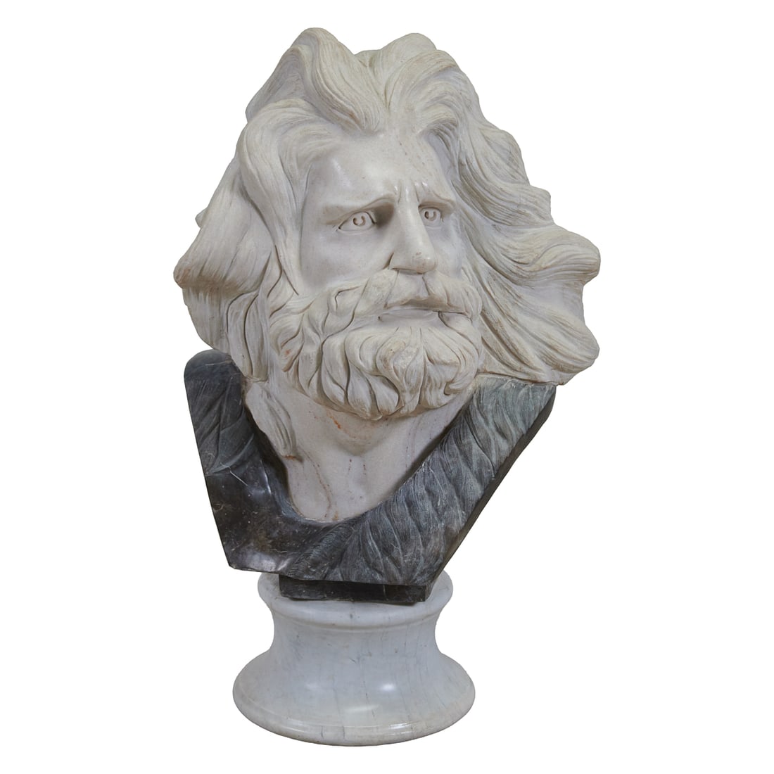 Italian Carved Carrara and Green Marble Bust of Moses: Italian Carved Carrara and Green Marble Bust of Moses.{Approximate dimensions: 30 3/8" H. x 18" L. x 14" D.}.