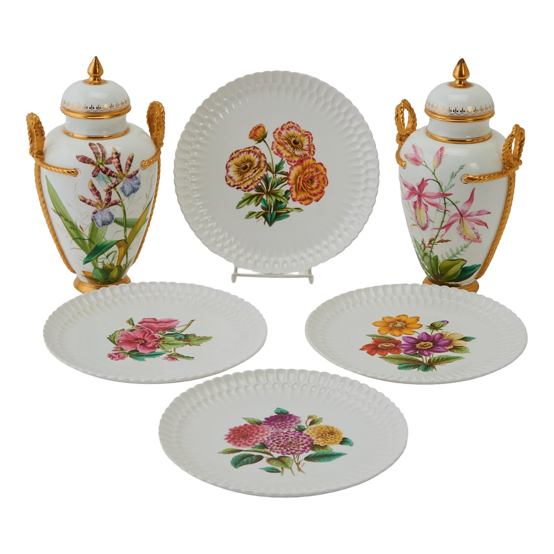 Twelve English Bone China Botanical Plates and a Pair of Urns: Twelve English Bone China Botanical Plates and a Pair of Urns, comprising twelve Spode polychrome printed and painted scallop molded dessert plates, and a pair of late Victorian urns and covers,;with