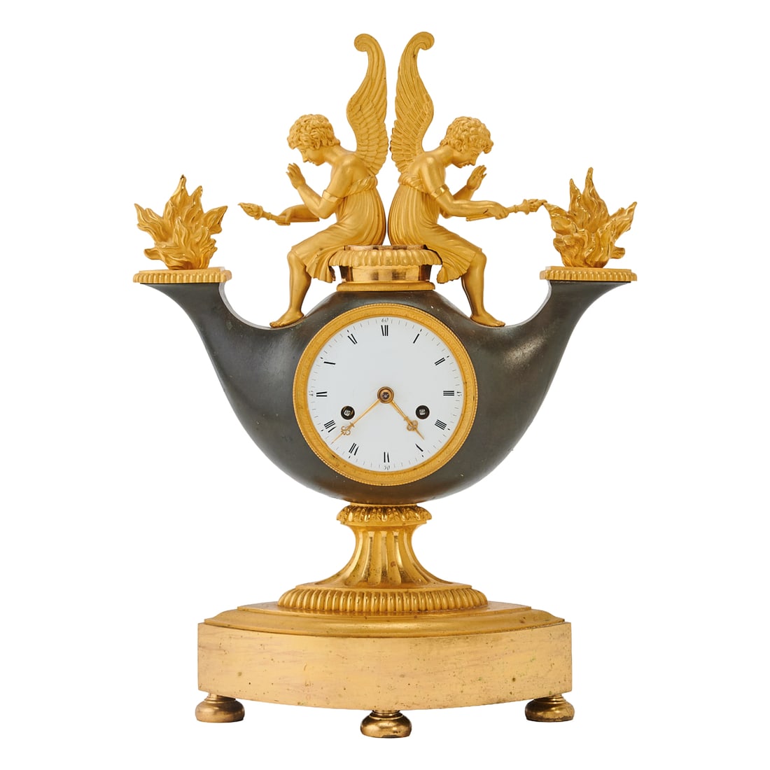 Empire Bronze Figural Mantel Clock: Empire Bronze Figural Mantel Clock, the blackened oil lamp formed as treble mounted urn-form body;with two spouts, each issuing a flame to sides, guarded by two winged, seated putti facing en