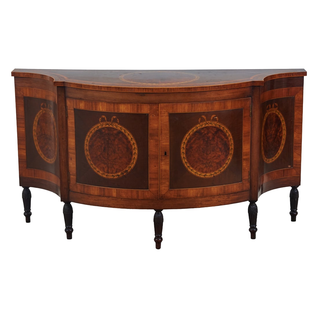 Sheraton Style Veneered and Marquetry Inlaid Low Cabinet: Sheraton Style Veneered and Marquetry Inlaid Low Cabinet, the bow front chest, cross banded in tulipwood, thuya wood and purpleheart, and bordered with boxwood lines, the top centered with a circular