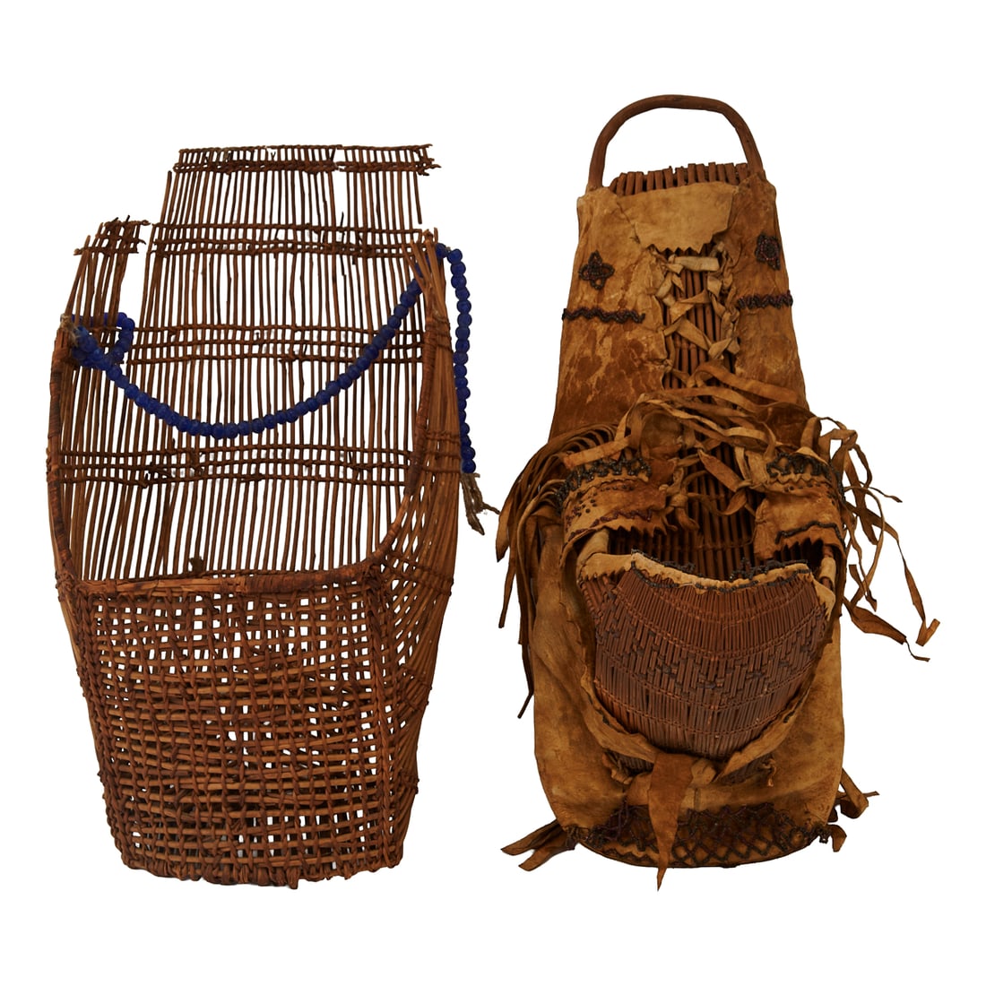 Two Native American Cradle Boards: Two Native American Cradle Boards, the first, a woven example,;with wrapped rim, hide ties, and glass and shell beads, Hupa or Yurok or Karuk. The other, Paiute, Great Basin area.;{Approximate
