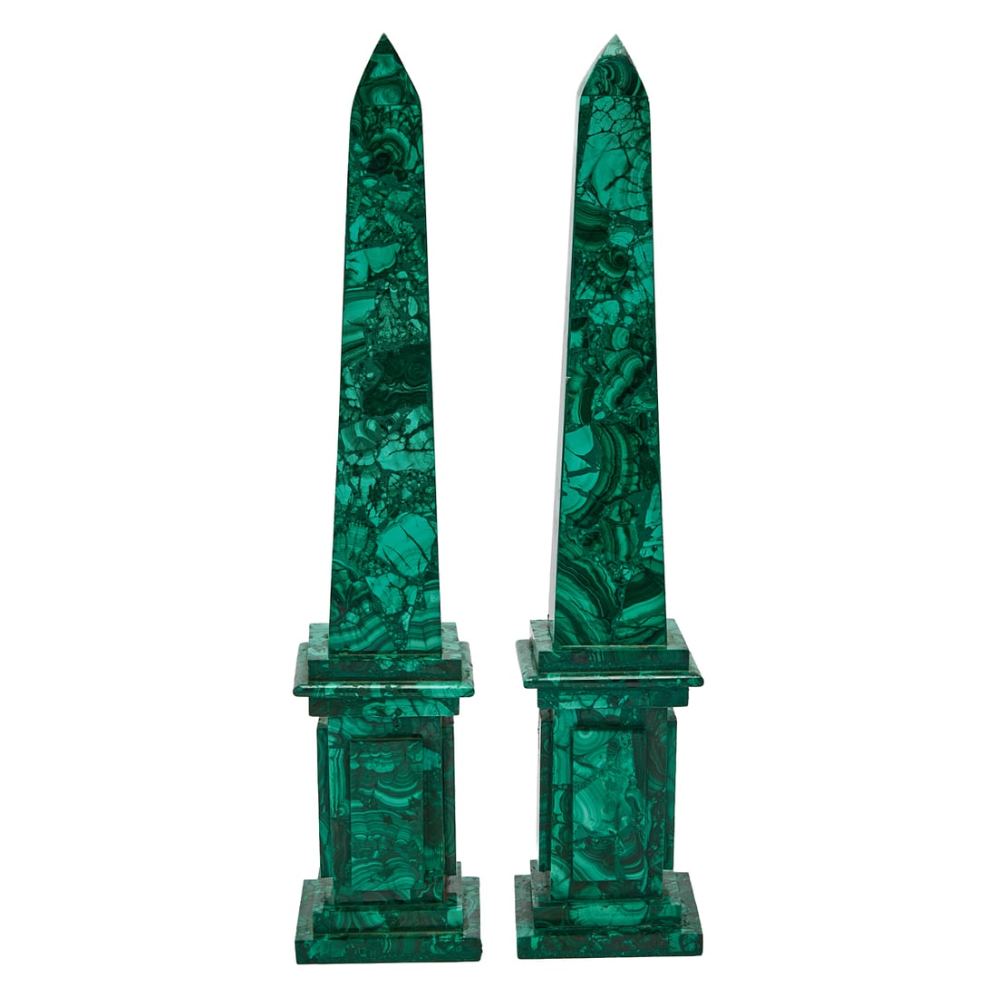 Pair of Malachite Obelisks: Pair of Malachite Obelisks, of typical form, with stepped bases.;{Approximate dimensions:; 16" H. x 3 1/4" W. x 3 1/4" D.}.