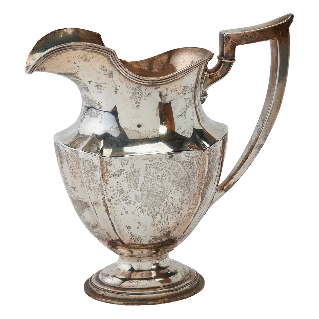 Gorham Sterling Silver Plymouth Pattern Water Pitcher: Gorham Sterling Silver Plymouth Pattern Water Pitcher, the paneled body on oval foot, with everted spout, and with stylized C-form handle, monogram C to one side. Stamped to base underside: 3 3/4