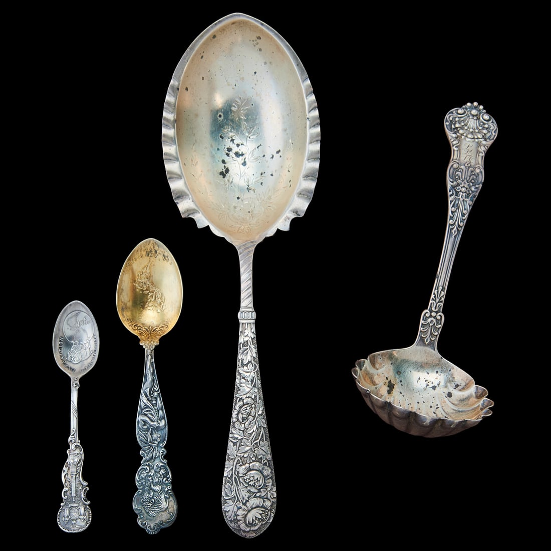 Sterling Silver Table Articles including Gorham Serving Spoon: Sterling Silver Table Articles including Gorham Serving Spoon and;a Dominick and Haff ladle, retailed at Bailey Banks and Biddle. Together with two souvenir spoons;from the Pan American Exposition, on