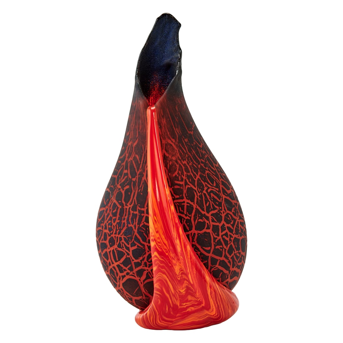 Daniel Moe Contemporary Studio Glass Vase: Daniel Moe Contemporary Studio Glass Vase, the flat baluster form vase with jagged mouth, from the base of which emerges a "flow" of orange and red glass lava. Incised to underside base, "MOE, HAWAII,