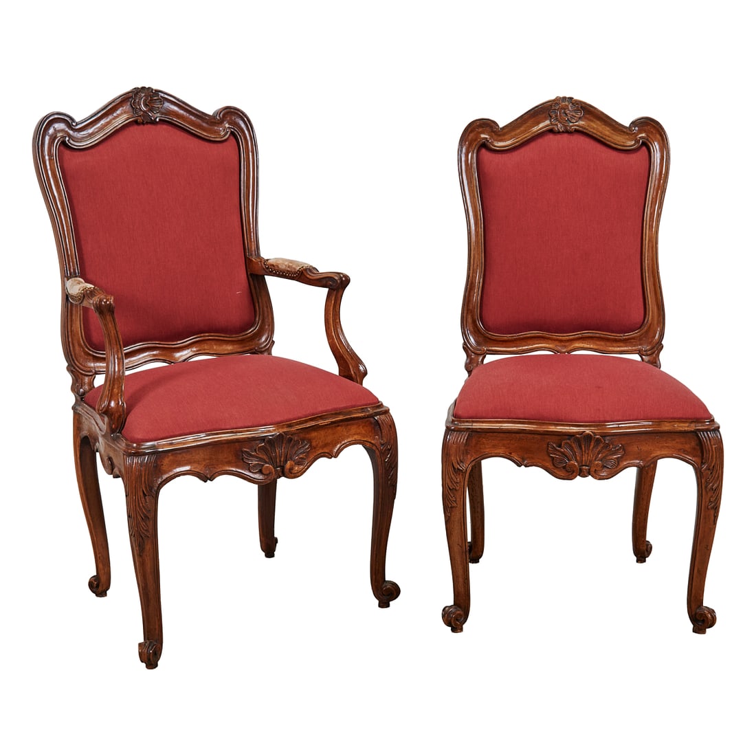 Suite of Twelve Louis XV Style Carved Wood Dining Chairs with Red Upholstery (1 of 6)