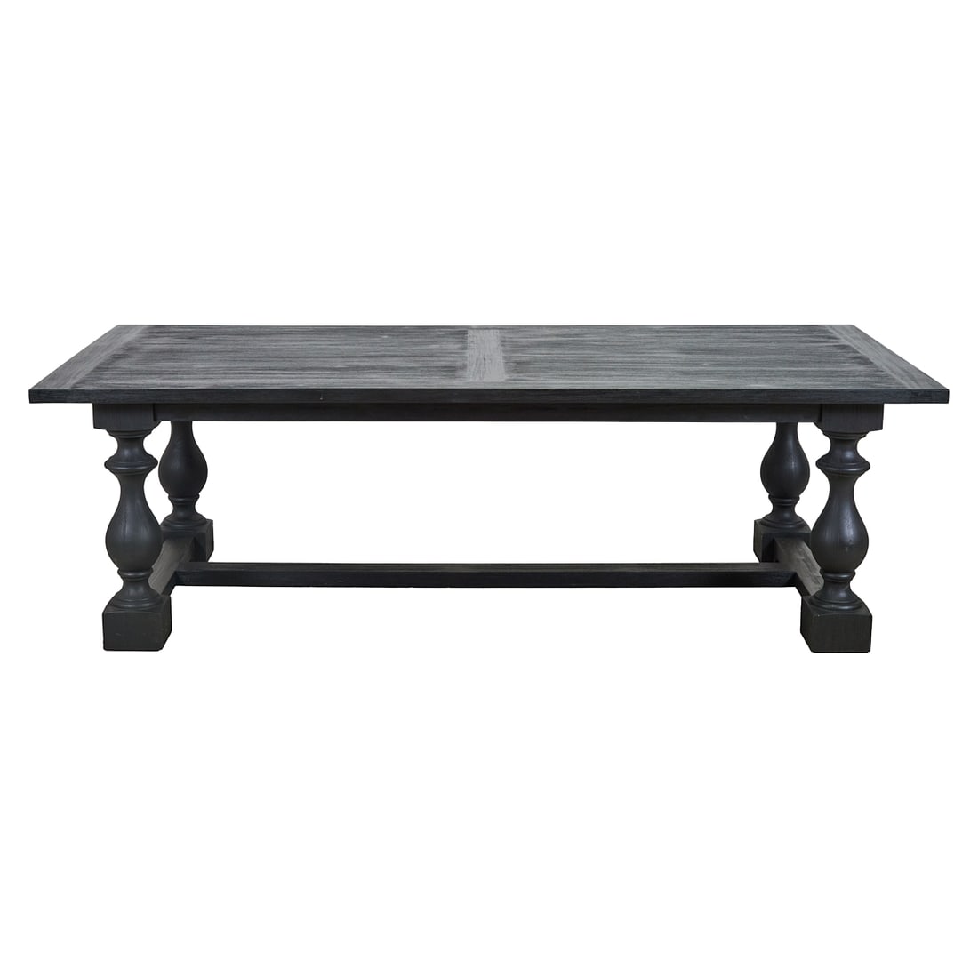 Restoration Hardware Priory Blackened Acacia Dining Table: Restoration Hardware Priory Blackened Acacia Dining Table, the top with grooved halves between smooth borders and center, over mortise and tenon construction, with turned trestle legs conjoined by a l