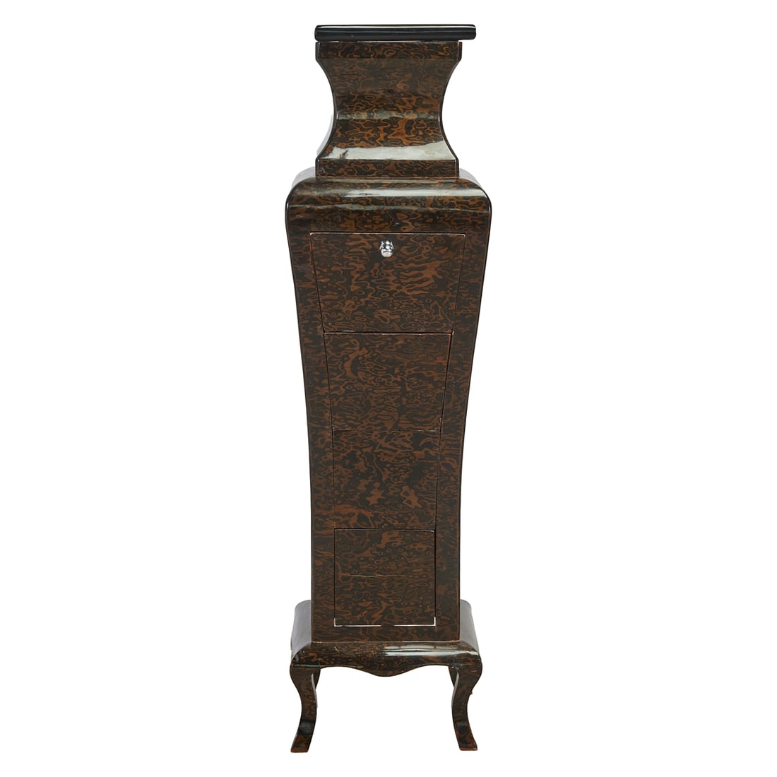 Belle Epoque Style Lift Top Lacquered Pedestal with Mechanical Drawer: Belle Epoque Style Lift Top Lacquered Pedestal with Mechanical Drawer, the vasiform pedestal designed with a mirror to lid interior, over faux drawers revealing larger compartment, over carved skirt i