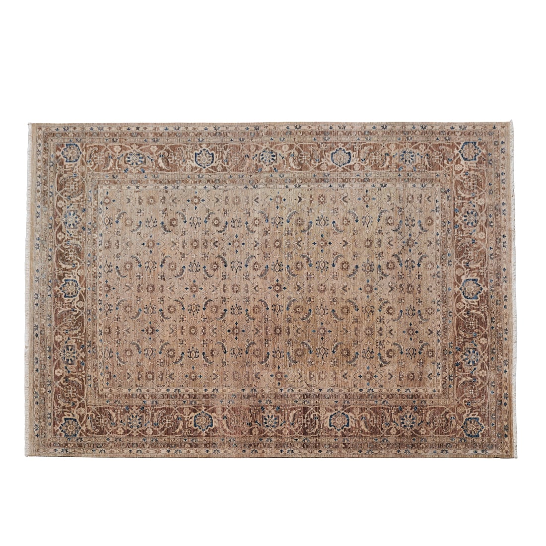 Ben Soleimani for Restoration Hardware Wool Dasha Carpet: Ben Soleimani for Restoration Hardware Wool "Dasha" Carpet, grey-brown field, with teal and black-brown stylized foliate and geometric designs.;{Approximate dimensions:;9 x 12.}.