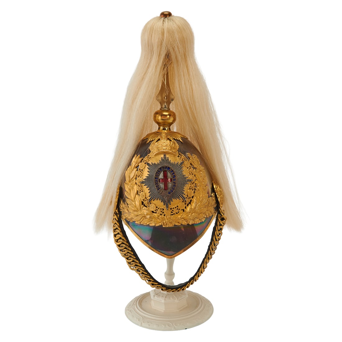 British Officers Dragoon Helmet of the Life Guards: British Officers Dragoon Helmet of the Life Guards, the gilt peak with binding and ornaments, and with gilt metal and silverplated top mounting and spike, badge to front with St. Georges cross of the 