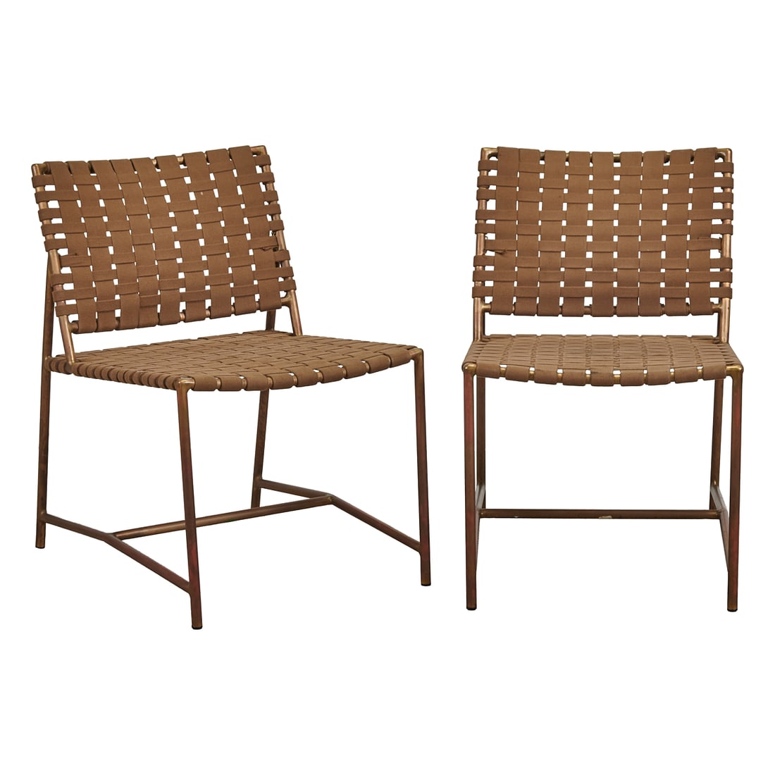 Six Brown Jordan Attributed Metal Frame and Stretch Canvas Side Chairs: Six Brown Jordan Attributed Metal Frame and Stretch Canvas Side Chairs, the warm brown metal frames with brown stretch woven seats and backs.;{Approximate dimensions:; 30" high x 20 1/4" wide x 25 1/2