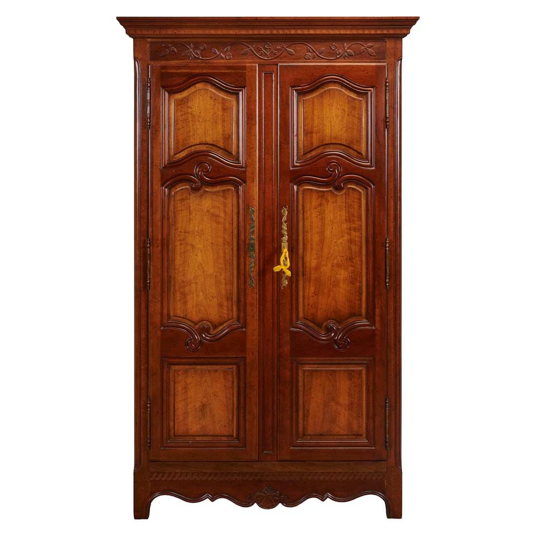 French Provincial Walnut Style Armoire: French Provincial Walnut Style Armoire, flat top over blind doors carved in relief, revealing centered drawers and a shelf.;{Approximate dimensions:; 82" high x 49" wide x 20 1/2" deep.}.