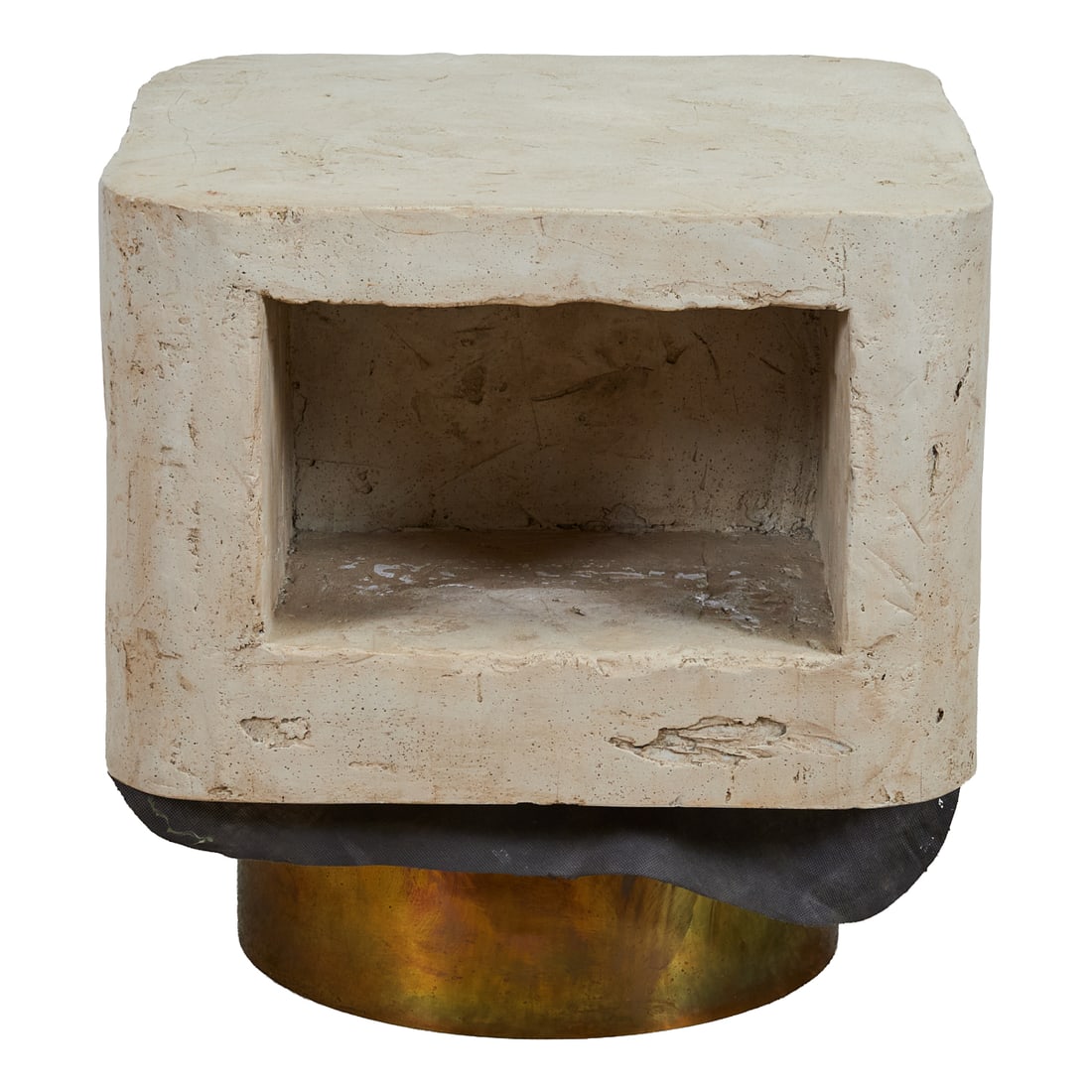Brutalist Cast Concrete, Plaster End Table with Brass Base: Brutalist Cast Concrete, Plaster End Table with Brass Base. Circa 1970 - 1975.{Approximate dimensions:; 25" high x 24 1/4" wide and deep.}.