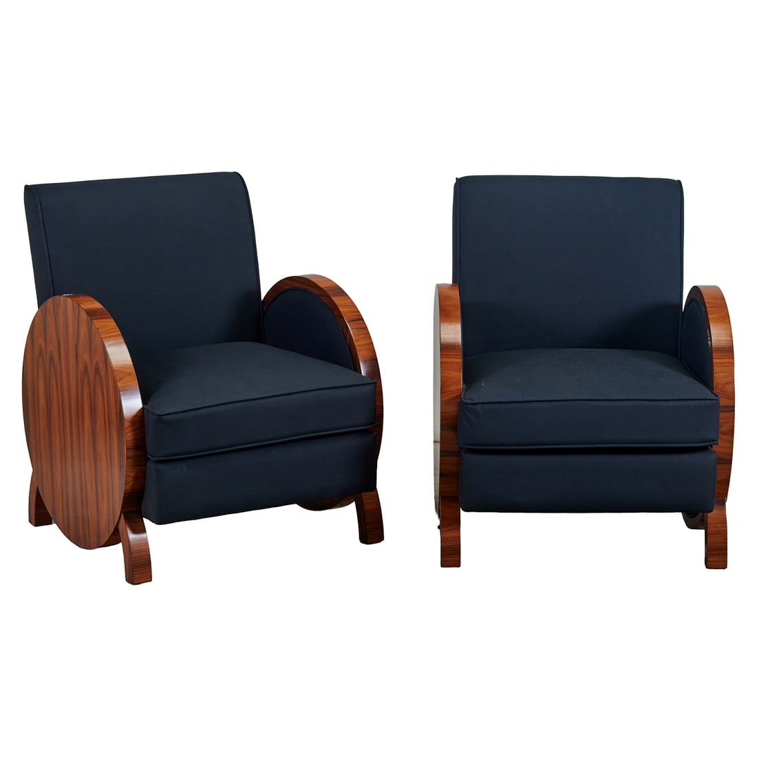 Pair of Art Deco Style Black Upholstered Armchairs: Pair of Art Deco Style Black Upholstered Armchairs, the frames with circles to sides of arms, with straight backs and seats.;;Upholstered in black leather.; {Approximate dimensions 36" H. x 28 3/4"