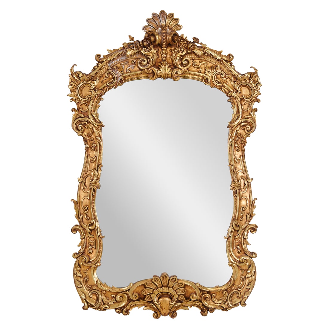 Regence Style Large Carved Giltwood and Gesso Mirror: Regence Style Large Carved Giltwood and Gesso Mirror.{Approximate dimensions:; 73 1/2" H. x 44 1/2" W. x 5" D.}.