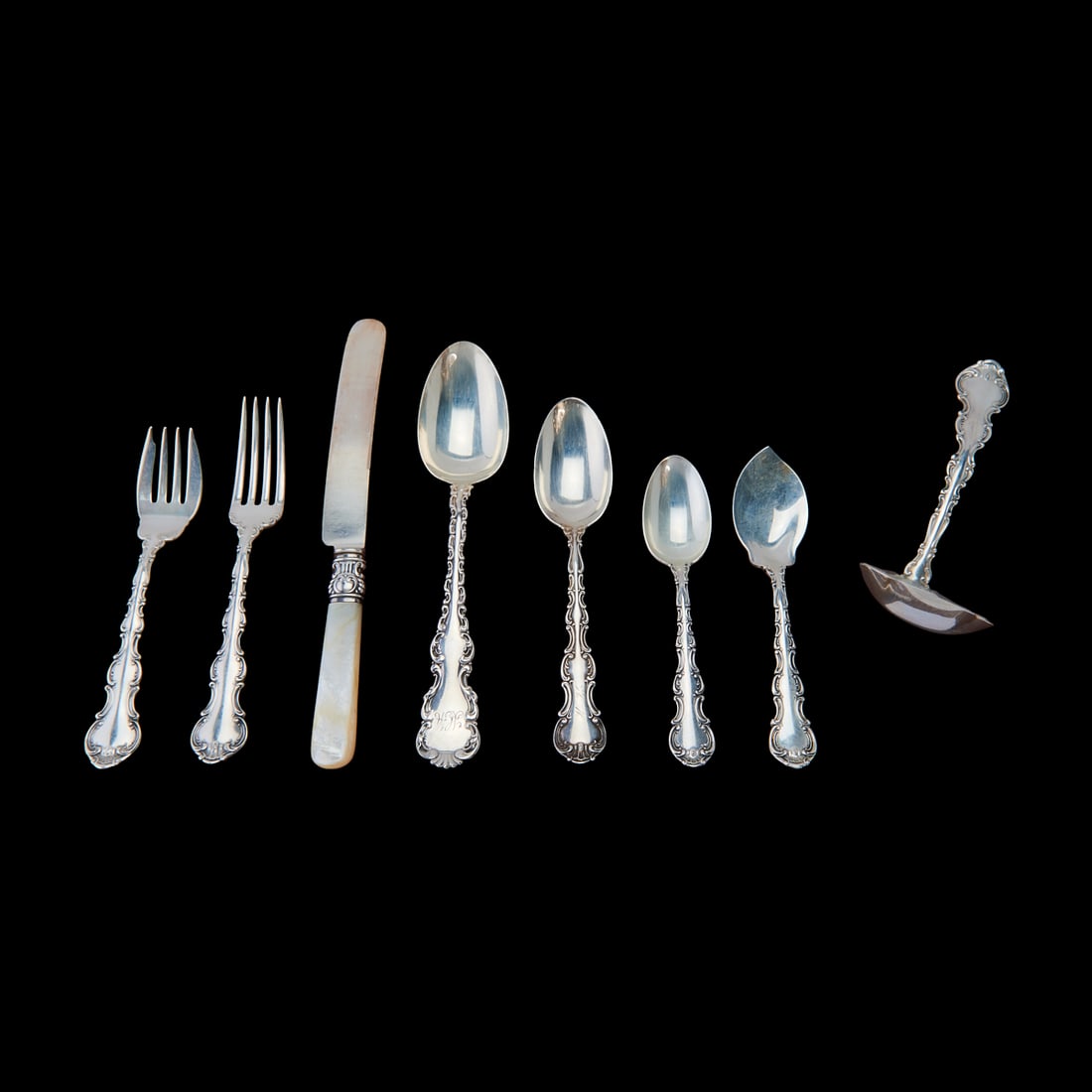 Sterling Silver Flatware, Including Gorham: Sterling Silver Flatware, Including Gorham.; Comprising the following Gorham pieces, in slight variations of the Strasbourg pattern:;two place forks, four luncheon forks, 13 salad forks, six place