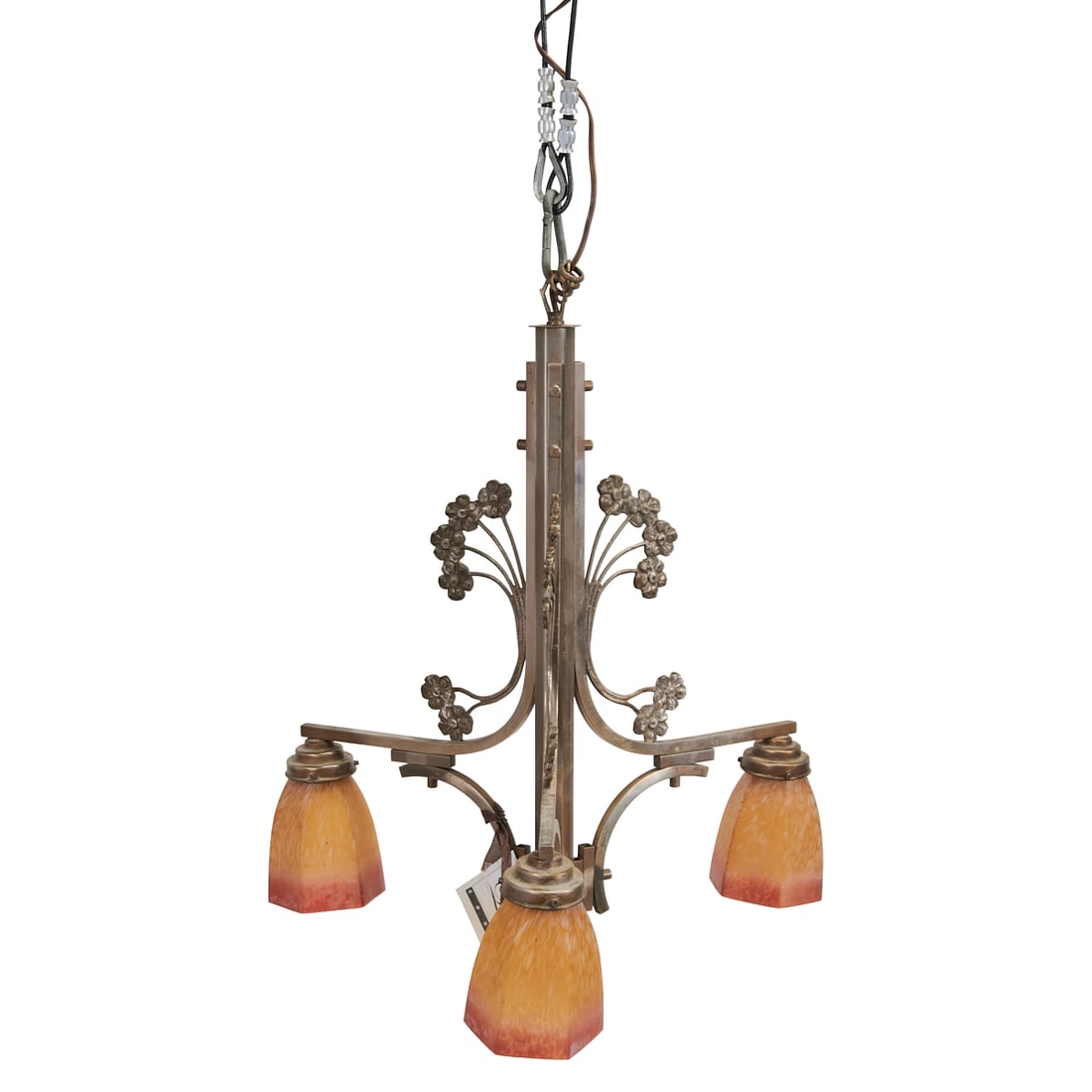 Art Deco Style Chrome Light Fixture with Glass Shades: Art Deco Style Chrome Light Fixture with Glass Shades, the columnar standard issuing three lights, each with hexagonal colored glass fixture in orange to red hues.;{Approximate dimensions:; 24 3/4"