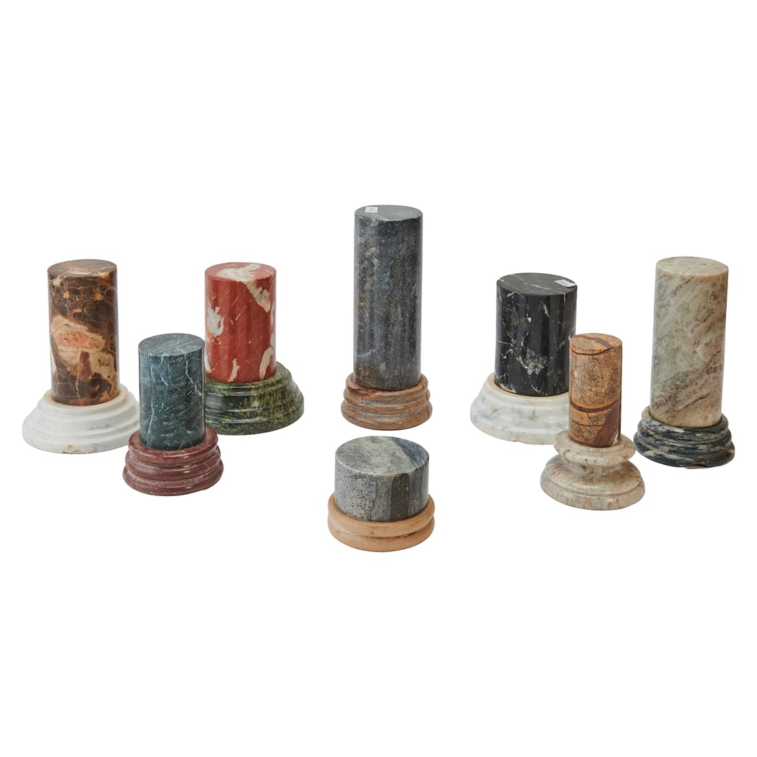 Eight Italian Grand Tour Style Miniature Columns: Eight Italian Grand Tour Style Miniature Columns, each modeled as straight, round columns in varying marble colors, with round, stepped bases.{Approximate dimensions:; 9" H. x 4" D., over all.}.