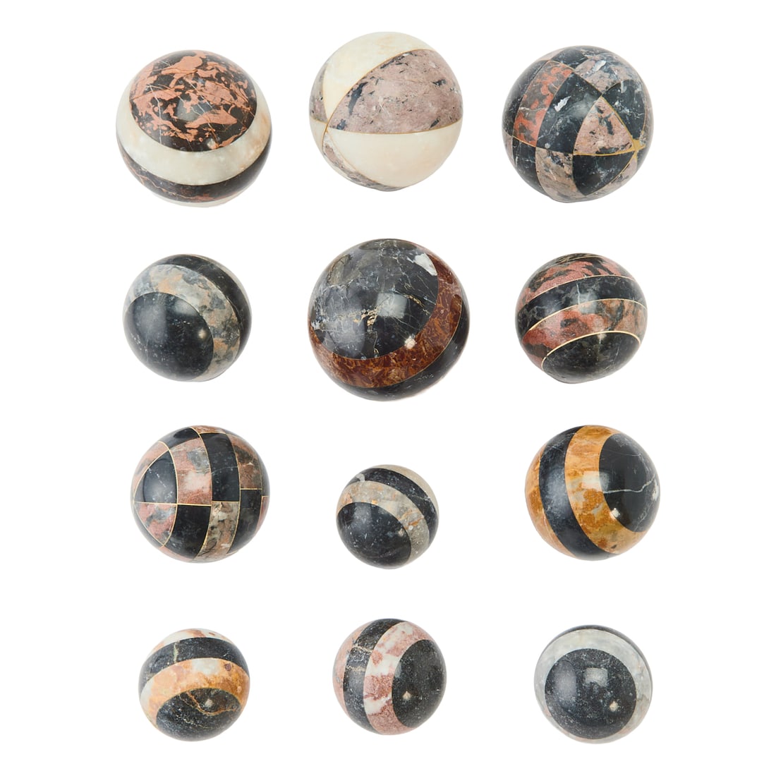 Twelve Italian Grand Tour Style Inlaid Spheres on Bases: Twelve Italian Grand Tour Style Inlaid Spheres on Bases. Of various sizes.{Approximate dimensions - smallest: 2 1/2" diameter, largest: 3 1/2" diameter}.