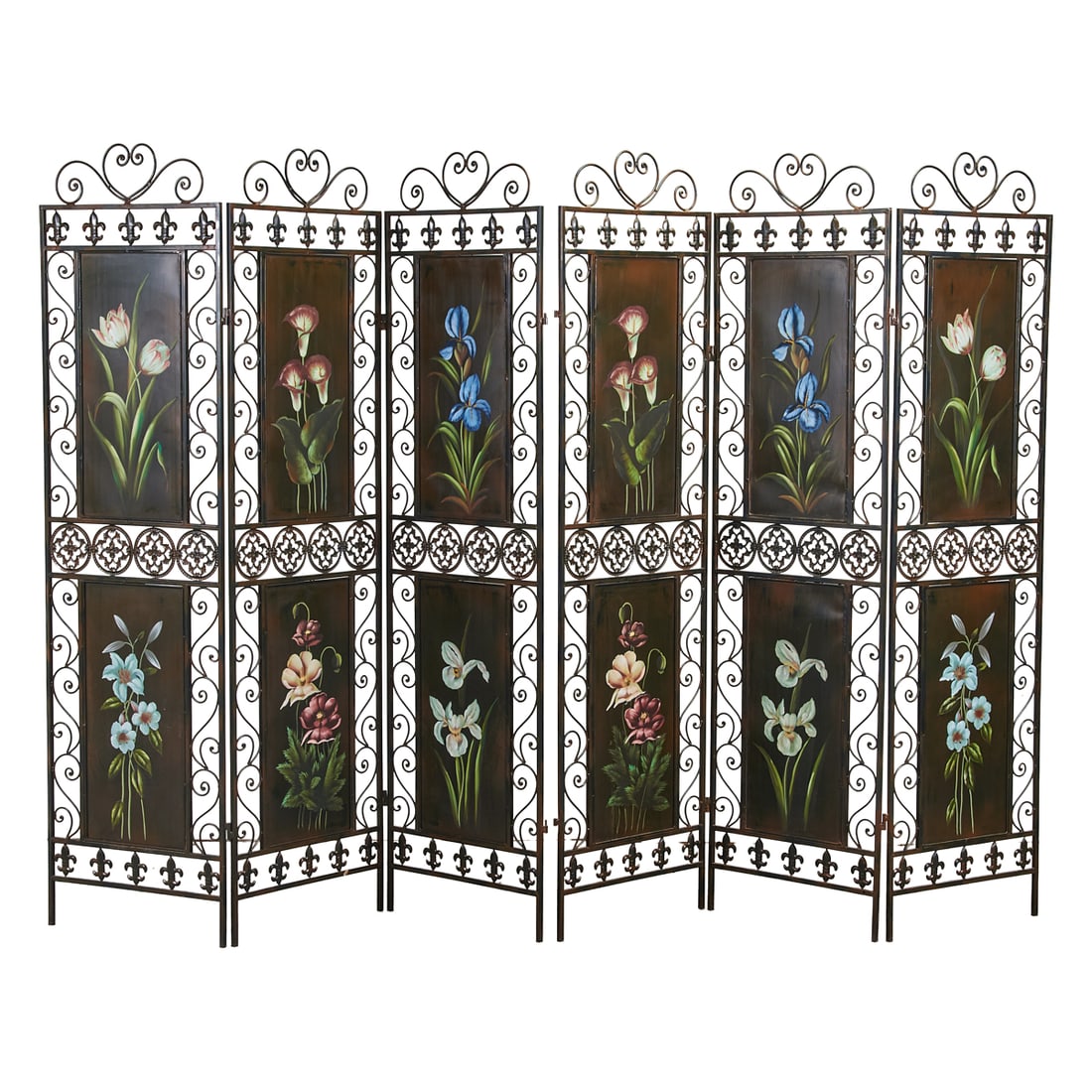 Spanish Style Tole and Wrought Iron Painted Six Panel Screen: Spanish Style Tole and Wrought Iron Painted Six Panel Screen.{Approximate dimensions, per panel:; 72 3/8" high x 19 1/2" wide.}.