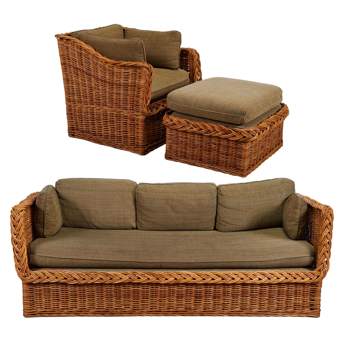 Michael Taylor Attributed Wicker Sofa with Matching Chair and Ottoman: Michael Taylor Attributed Wicker Sofa with Matching Chair and Ottoman, the modern sofa with three cushions to back, over the single seat cushion, the Victorian style deep lounge chair with single