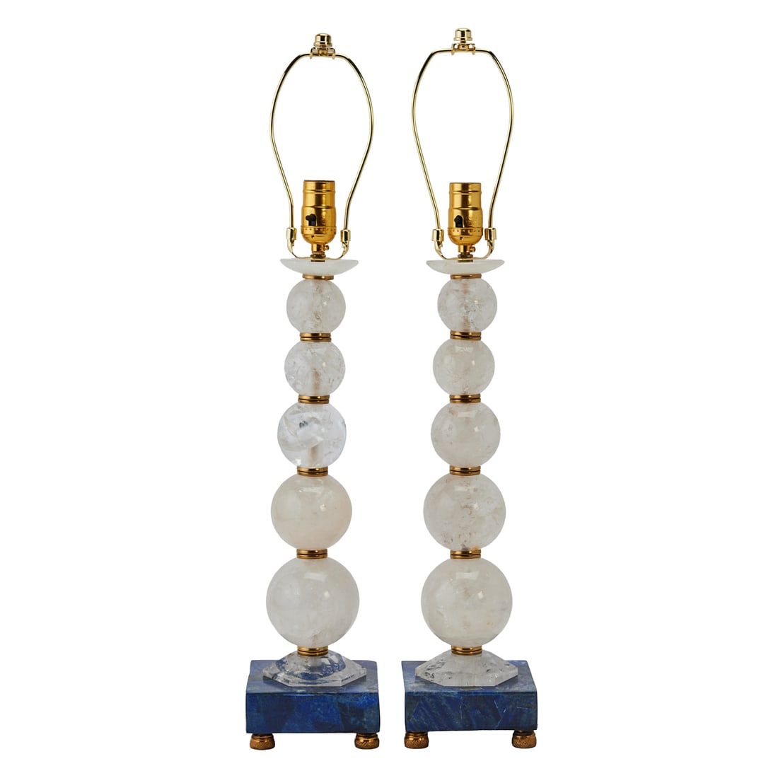 Pair of Art Moderne Style Rock Crystal Sphere Lamps on Lapis Lazuli Bases: Pair of Art Moderne Style Rock Crystal Sphere Lamps on Lapis Lazuli Bases, with lamp shades.{Approximate dimensions - each (base only): 27 1/2" H x 5 1/8" W x 5 1/8" D}.