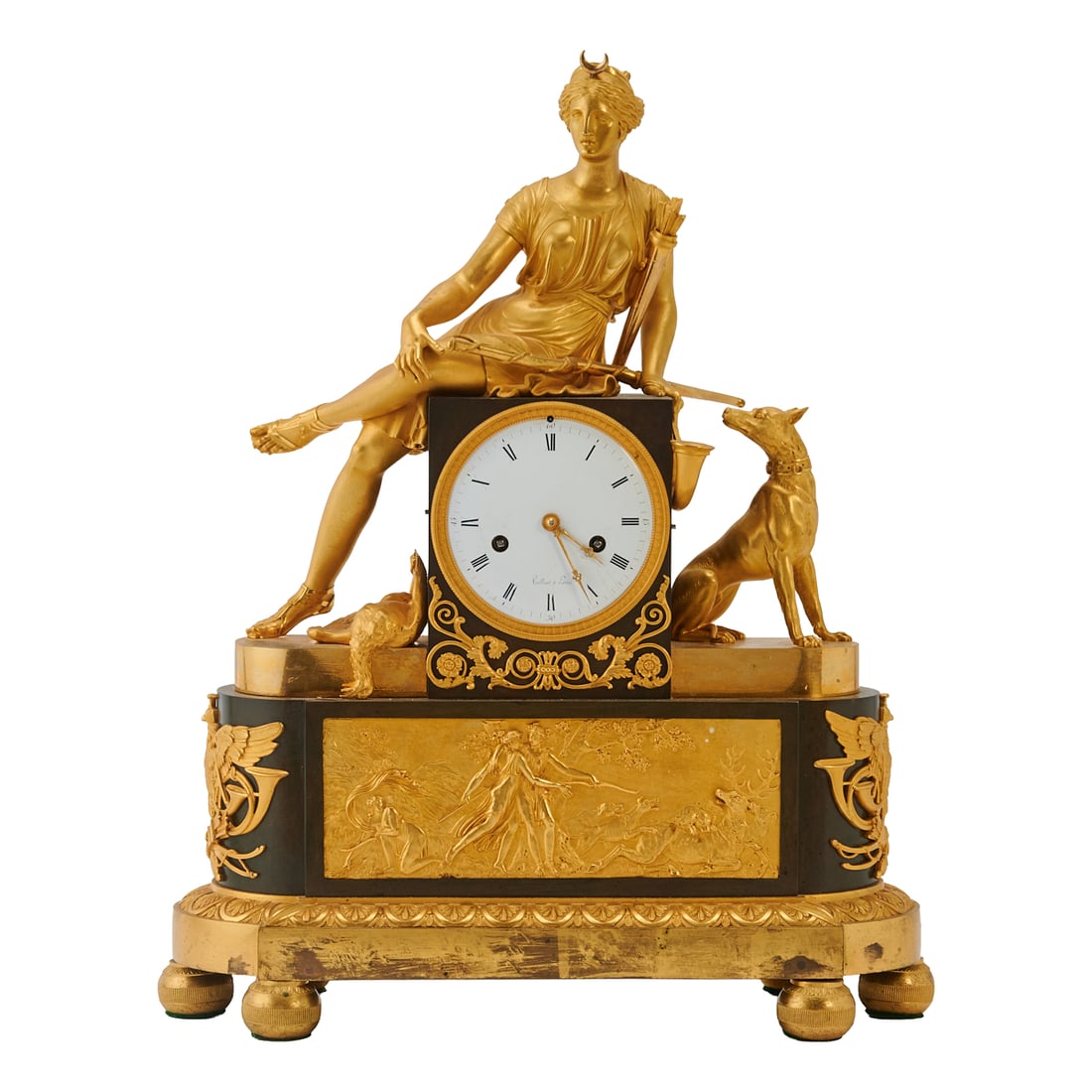 French Empire Patinated and Gilt Bronze Figural Clock Louis Jacque Vallant: French Empire Patinated and Gilt Bronze Figural Clock, the face signed "Vaillant a Paris,";for Louis Jacques Vaillant, the round, white enamel face enameled with Roman numeral chapters and Arabic