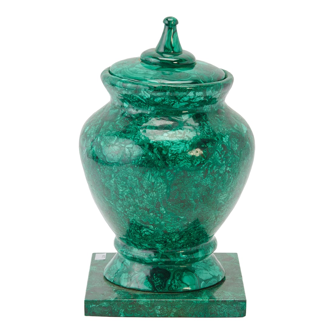 Malachite Urn with Cover: Malachite Urn with Cover, the baluster form jar with pointed knop to cover, on low, square base.;{Approximate dimensions:; 13 3/4" H. x 7" W. x 7" D.}