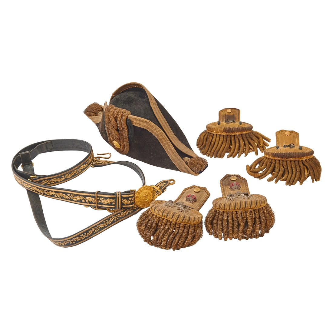 Collection of 19th Century Military Dress Articles: Collection of 19th Century Military Dress Articles, comprising naval officers bicorne hat in black, and a pair of accompanying gold epaulettes by K. Kusafuji of Yokohama with black anchor emblems,