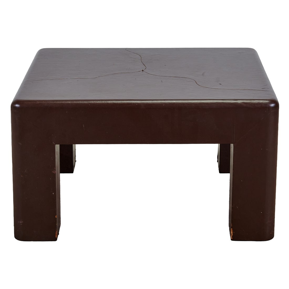 Modern Brown Leather Wrapped Square Low Table: Modern Brown Leather Wrapped Square Low Table, manner of Karl Springer.;Both Springer and Michael Taylor made similar tables, installed in various stylish California homes.{Approximate dimensions:; 20