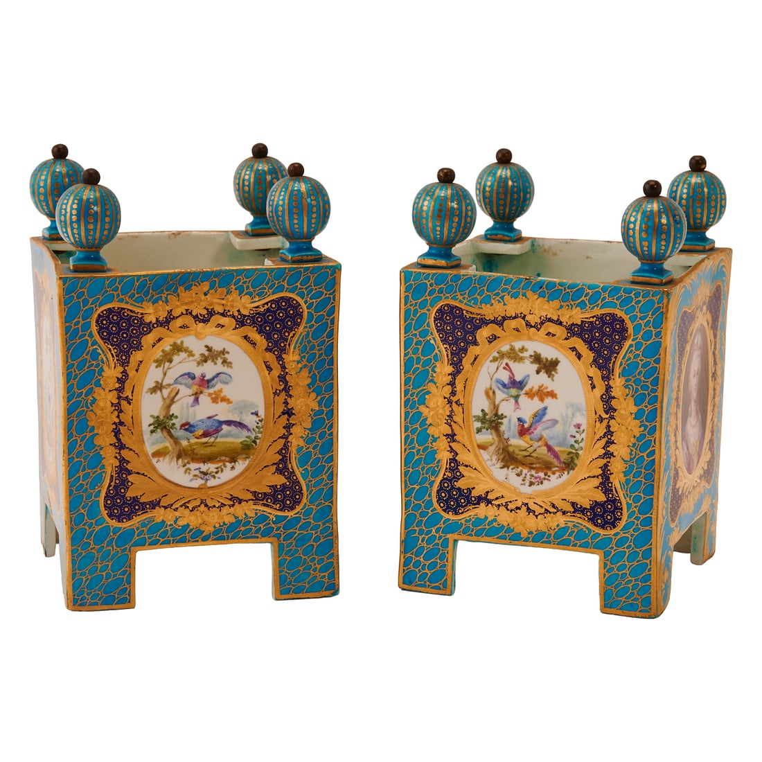 Pair of Sevres Style Turquoise Ground Cache Pots: Pair of Sevres Style Turquoise Ground Cache Pots, the square, soft paste porcelain bodies decorated;with gilt cailloutte, stars and cisele floral garlands, painted on the turquoise blue grounds.
