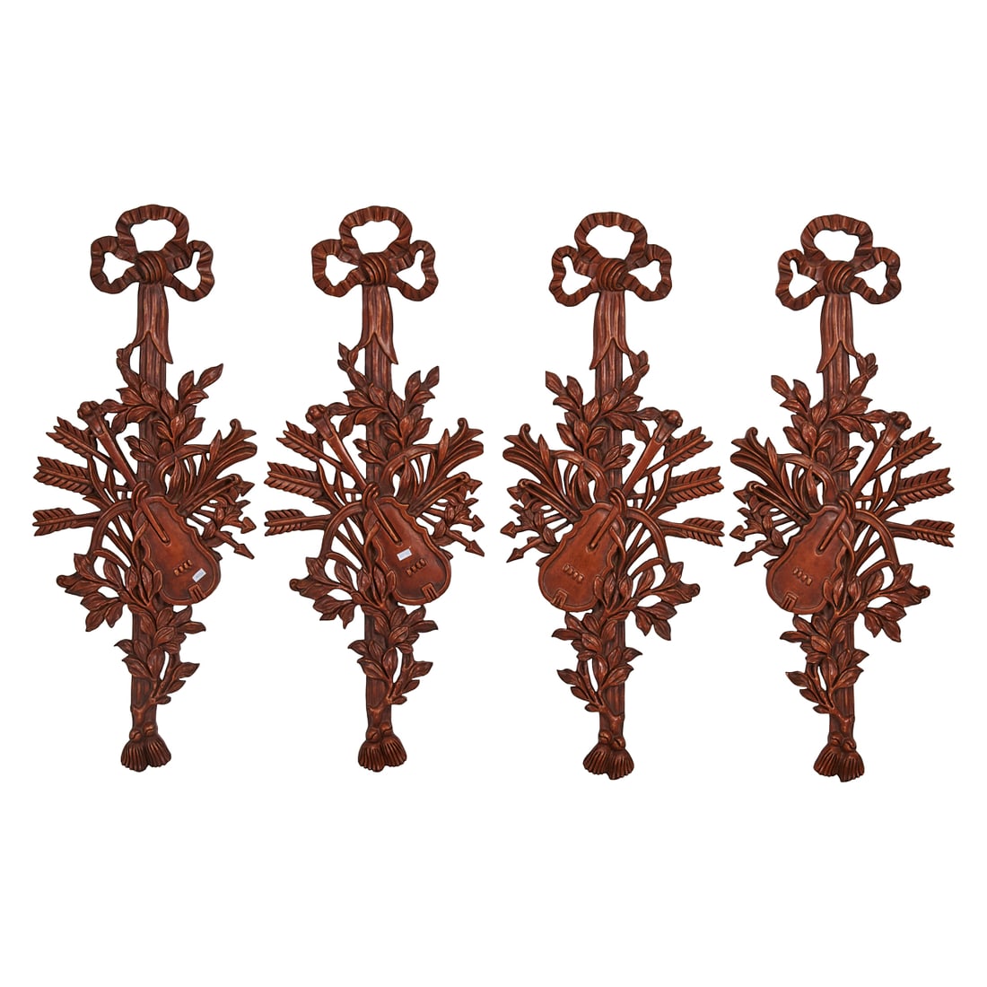 Set of Four French Style Carved Wood Wall Trophies: Set of Four French Style Carved Wood Wall Trophies, floral and ribbon designs.{Approximate dimensions - each:; 43" high x 17" wide.}.