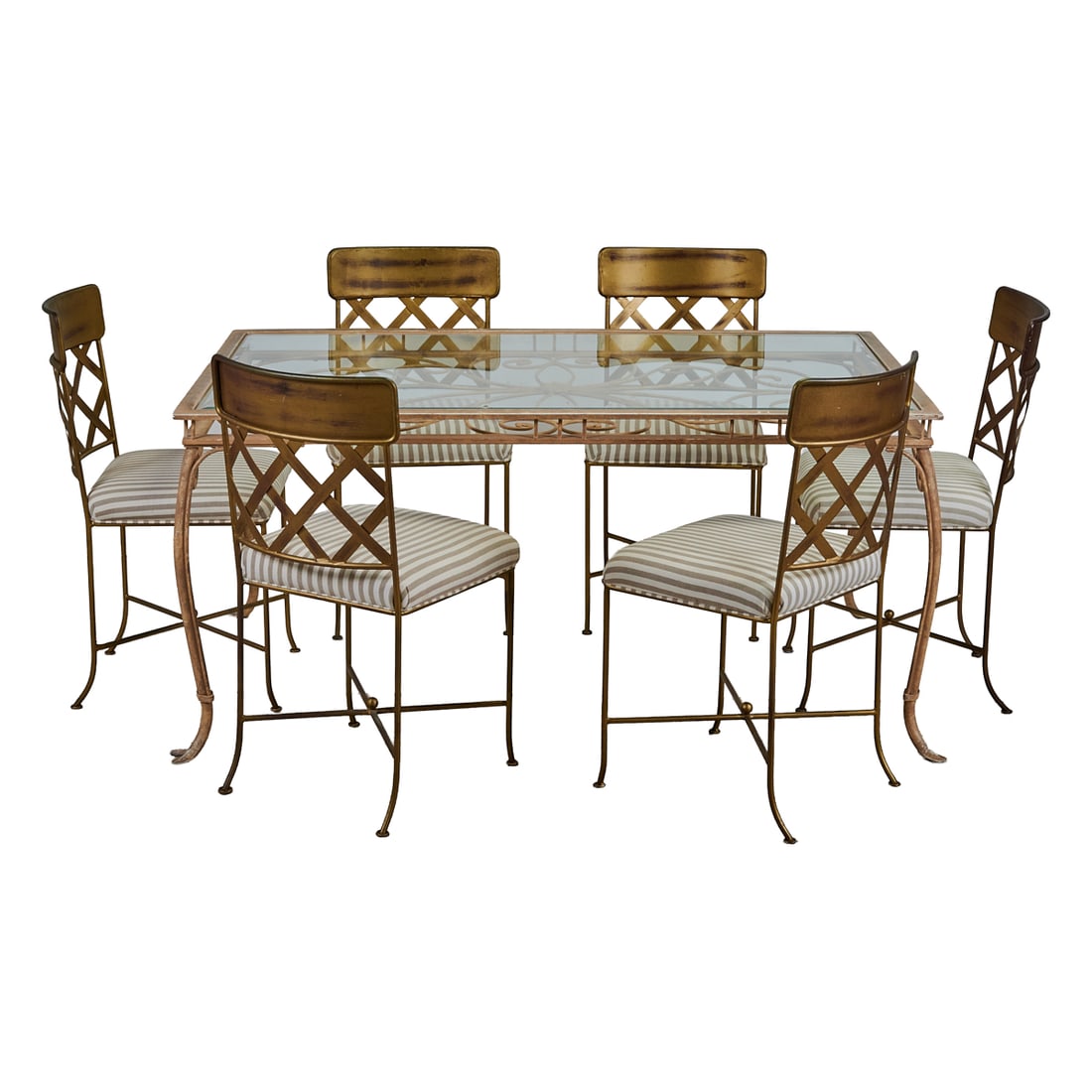 Gold Painted Glass Top Outdoor Dining Table with Six Chairs: Gold Painted Glass Top Outdoor Dining Table with Six Chairs.{Approximate dimensions: table, 30" high x 63" wide x 39" deep, chair, 36 1/8" high x 18 1/2" wide x 20 1/2" deep.}.