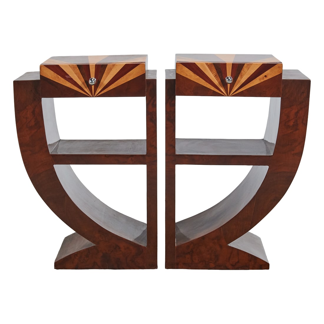 Pair of Art Deco Style Inlaid One Drawer Nightstands: Pair of Art Deco Style Inlaid One Drawer Nightstands, the tops incorporating rayed veneer inlay, and shallow one drawer shelf, the sides bowed en façent, on wedge shaped bases.{Approximate dime