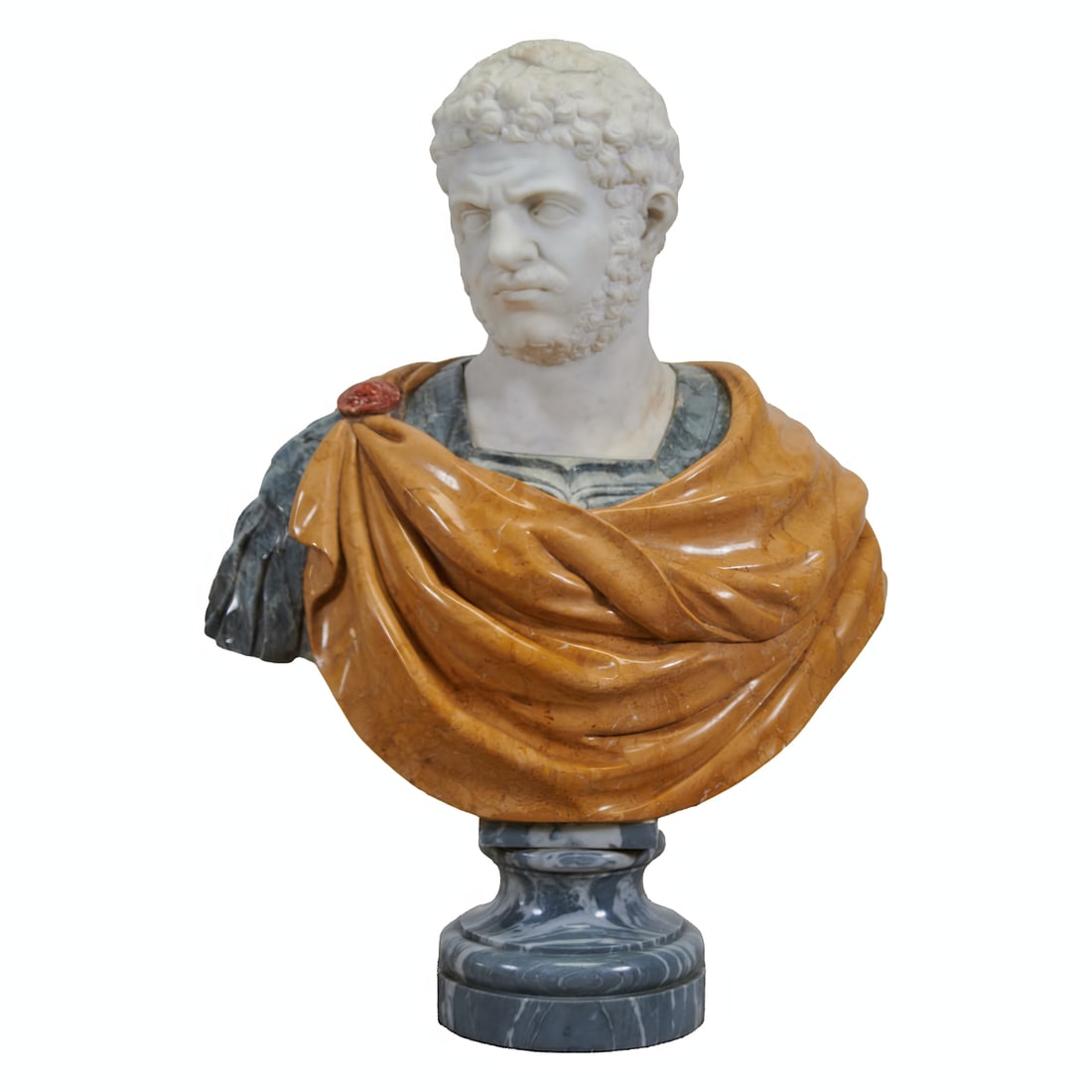 Carved Marble Bust of Caracalla After the Antique: Carved Marble Bust of Caracalla After the Antique, with curly hair and and a beard, the head of white Carrara marble with an ocher marble draped cloak over a grey marble tunic, on circular grey