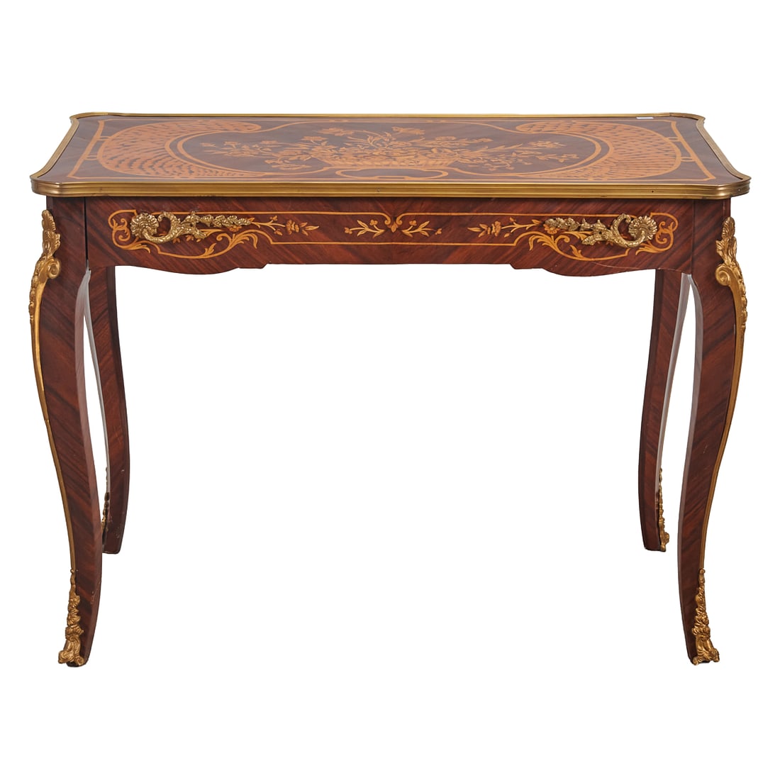 Louis XV Style Marquetry Inlaid Writing Desk with Bronze Mounts: Louis XV Style Marquetry Inlaid Writing Desk with Bronze Mounts, top overcast above four cabriole legs and apron, the top with large bouquet emergent from a vase, with scale designs to either side,