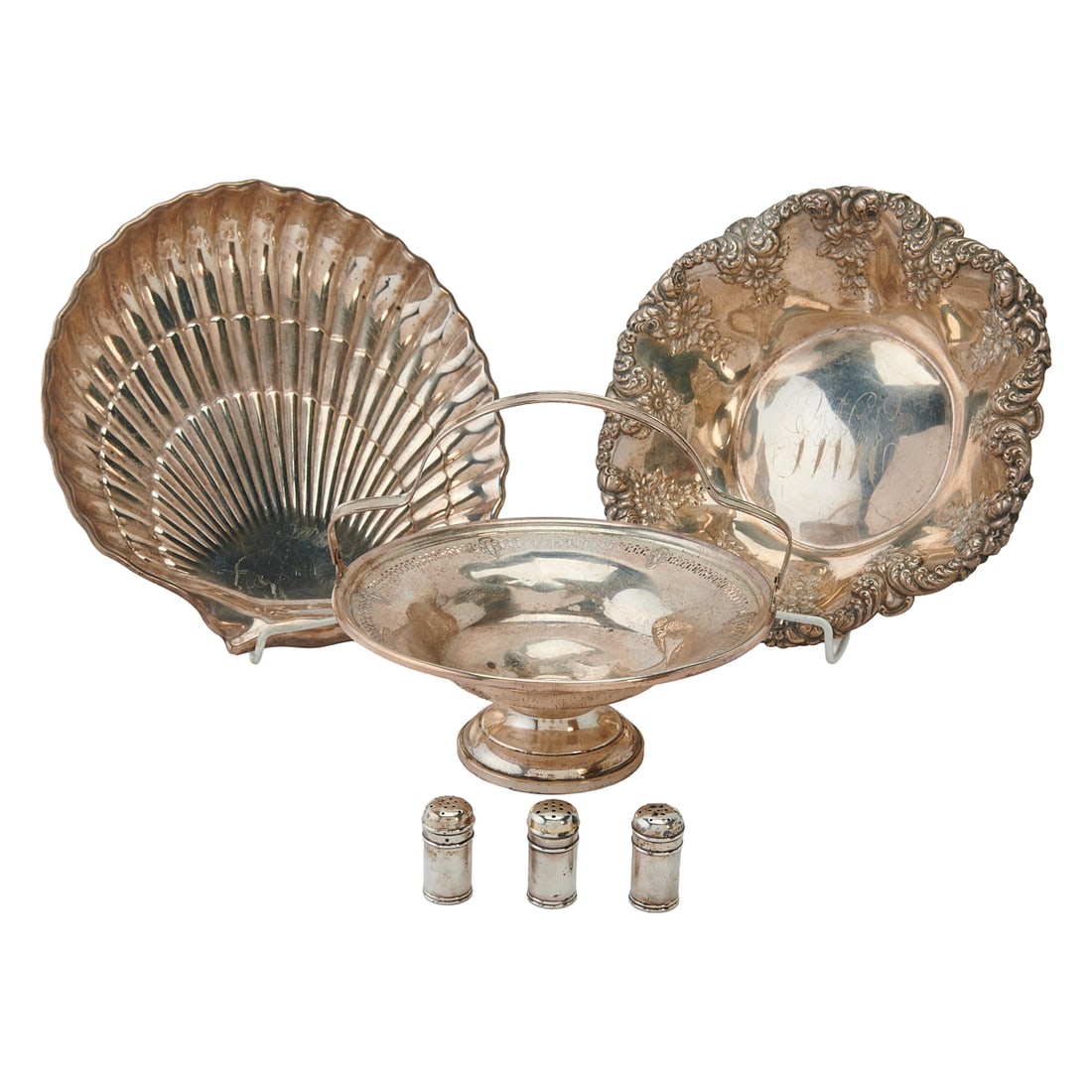 Collection of Sterling Silver Table Articles including Gorham: Collection of Sterling Silver Table Articles including Gorham large shell-shaped dish, pattern 40617;;a "VINE" pattern chased and repousse bowl;;a Hamilton candy dish with weighted base and wide