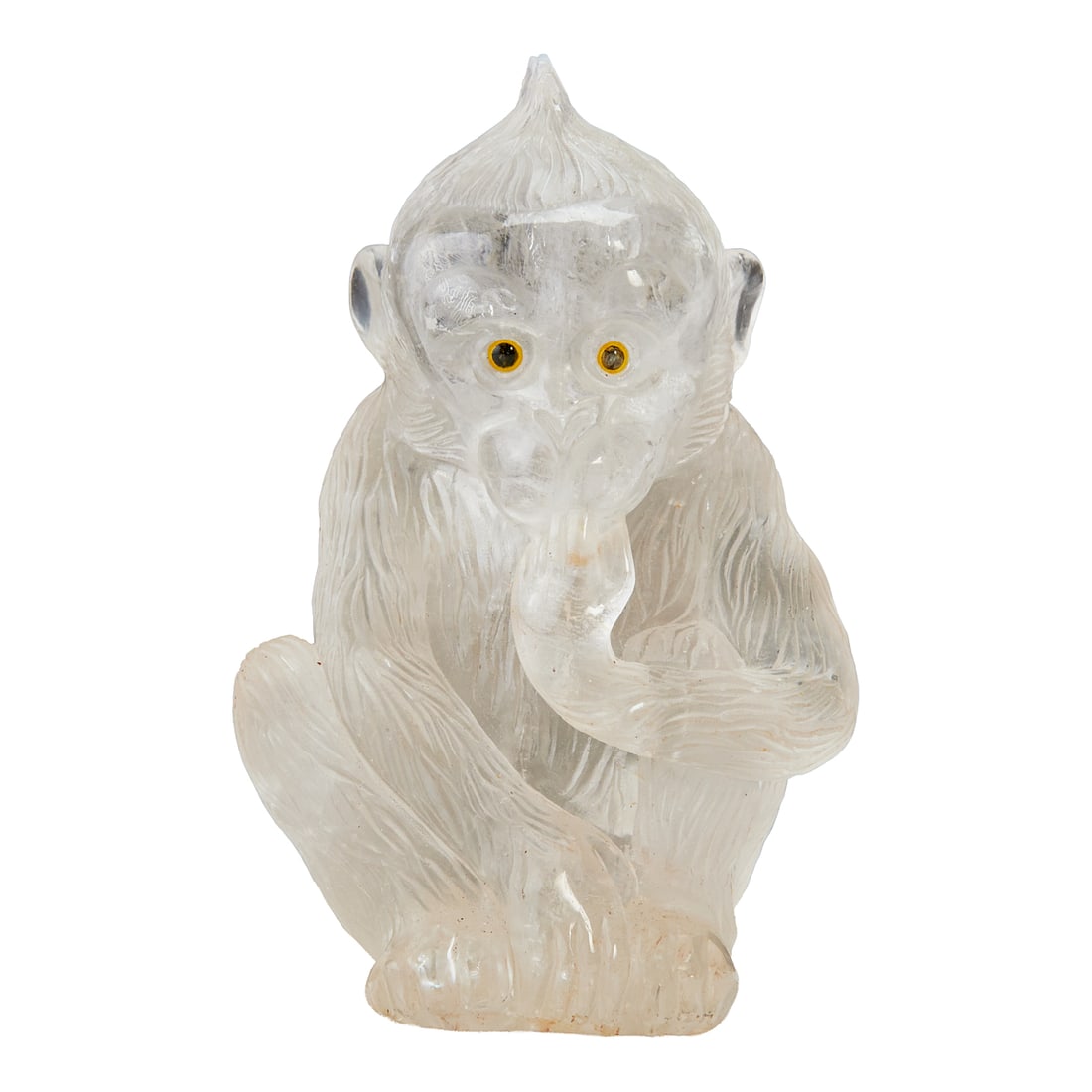 Carved Rock Crystal Figure of a Seated Monkey on Base: Carved Rock Crystal Figure of a Seated Monkey on Base.{Approximate dimensions: 6 3/4" H x 4 1/4" W x 3 5/8" D}.
